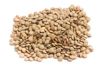 Close-up on a Raw Lentils on white background. (Lens culinaris)