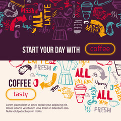 Modern coffee banner lettering. Colorful vector background for wrapping, banners.
