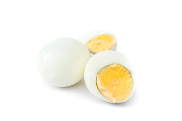 Closeup Peeled boiled egg and half egge on white background , food menu concept