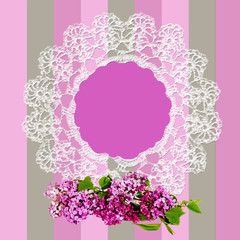 Dainty background in shades of pink, lavender and soft green stripes.  Lace border with lilacs accenting it.