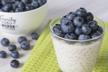 Tapioca pudding with fresh blueberries on the top. Sitting on a white wood table and a green cloth. White bowl of fresh blueberries in the background.