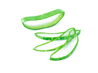 Closeup fresh aloe vera slice on white background, beauty and healthy care concept, selective focus