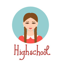 Young woman face avatar. Cute school girl portrait for social networks. Vector illustration with handdrawn lettering. Highschool student.
