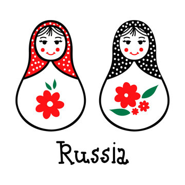Russian traditional wooden toys babushka, matryoshka, simple USSR elements. Vector illustration. National culture concept. Retro doll design background