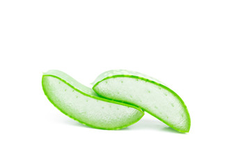 Closeup fresh aloe vera slice on white background, beauty and healthy care concept, selective focus