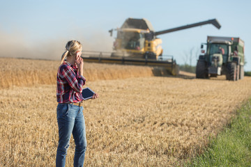 Combine harvester and tractor harvesting wheat in wheatfield