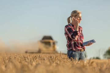Female farmer walking through field checking wheat crop