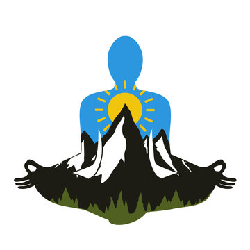 Vector illustration with man silhouette meditates in lotus pose. Pine forest, mountains, sun and blue sky inside
