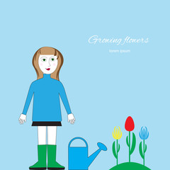 Floriculture picture with woman standing near a flower bed.