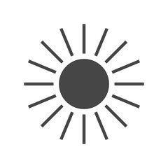 Sun icon. Light sign with sunbeams. Black design element, isolated on white background. Symbol of sunrise, heat, sunny and sunset, sunlight. Flat modern style for weather forecast. Vector Illustration