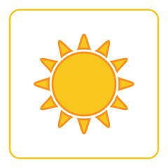 Sun icon. Light sign with sunbeams. Yellow design element, isolated on white background. Symbol of sunrise, heat, sunny and sunset, sunlight. Flat modern style for weather forecast Vector Illustration