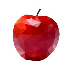 Low poly apple icon. Red bright closeup sign isolated on white background. Symbol nature, summer, fresh and healthy food, health. Creative fruit. Triangular polygonal shape object. Vector illustration