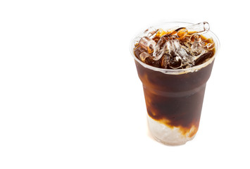 Closeup ice of americano coffee on white background