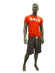 Male mannequin with sale t-shirt.