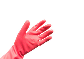 Obraz premium Hands wearing red rubber gloves for cleaning on white background, housework concept