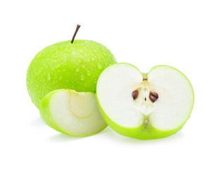 green apple with a Drop of water on white background.