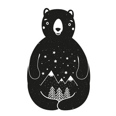 Fototapeta premium Vector illustration with cute cartoon style bear. Pine trees, stars and mountains.