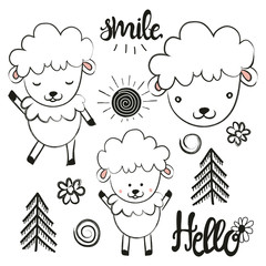 Cute vector set with sheep, sun, pine trees, flowers and words. Hello and Smile. 