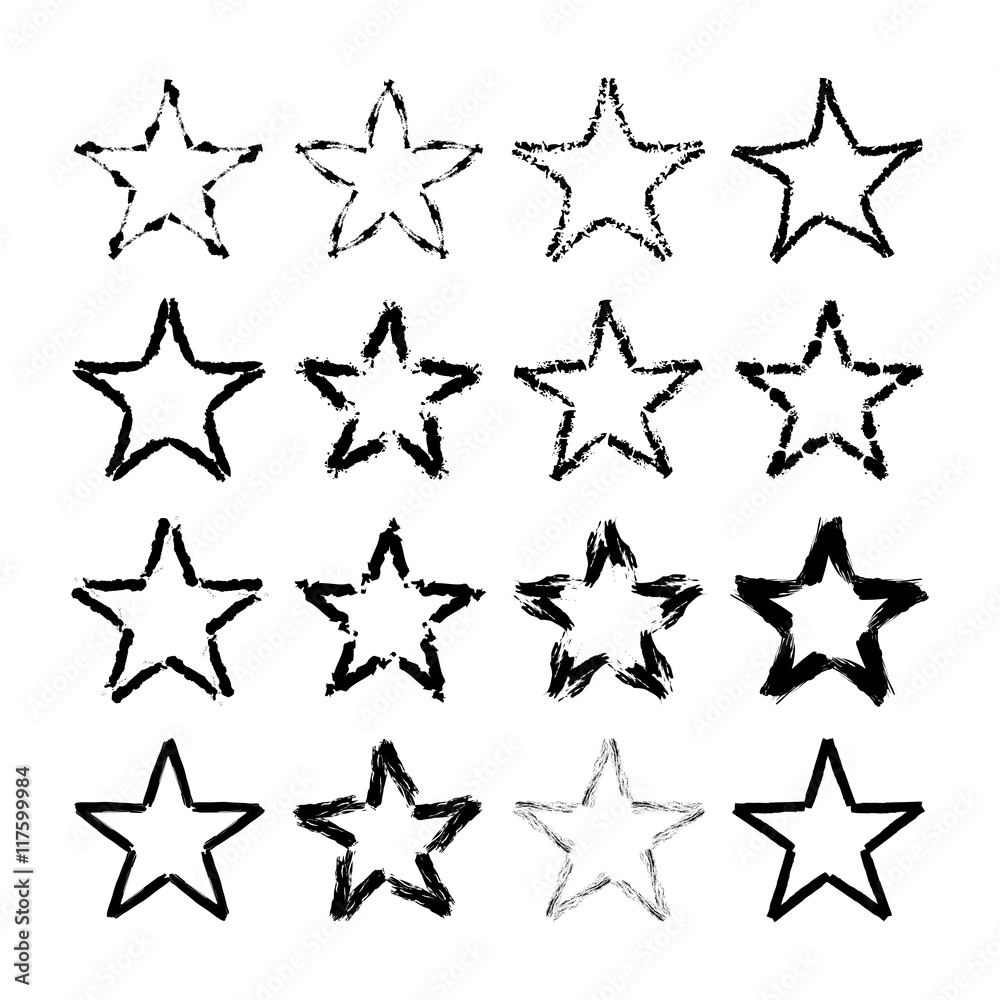 Wall mural star icons with grunge texture set. vintage retro style. design elements. black silhouette, isolated