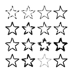 Star icons with grunge texture set. Vintage retro style. Design elements. Black silhouette, isolated on white background. Grungy artistic template. Distressed symbol. Paint brush. Vector illustration