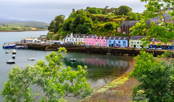 view on Portree in a rainy day, Isle of Skye, Scotland, UK