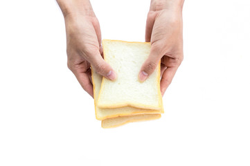 Hand hold slice of bread with white background, food and drink concept