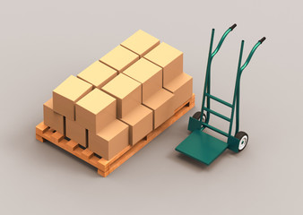 Warehouse with hand truck. 3d render.