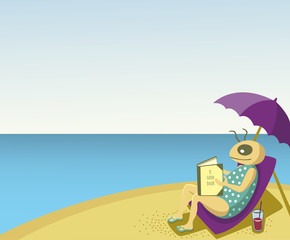 One person is sitting at the beach relaxing under a parasol reading a good book. The weather is sunny. It is a hot day.
