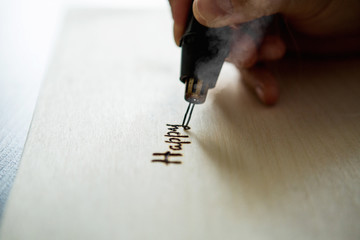 Man burns background Happy Thanksgiving, Woodburning, pyrography handmade