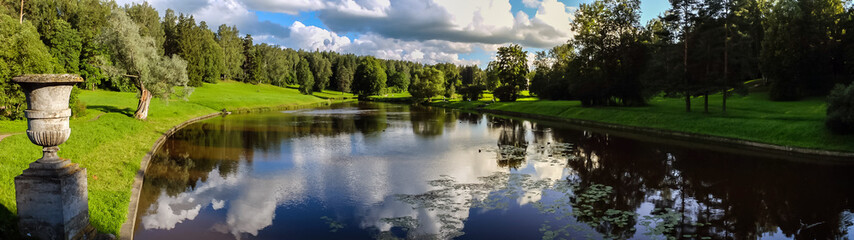 Panorama landscape Pavlovsk Park Saint-Petersburg. Historical monument of Russian classicism of the late XVIII - early XIX centuries from the collection of Russian, Western European and ancient art.