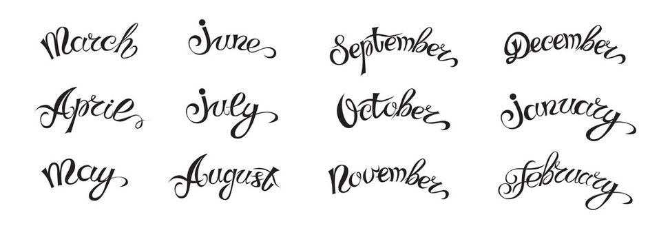 Set hand-drawn lettering with months names of year, black on white