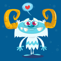 Happy cartoon bigfoot in love. Halloween vector yeti character with white fur and horns isolated on blue background