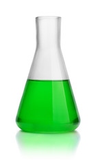 Laboratory conical flask with green liquid