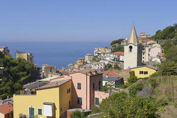 Obraz premium Village of Riomaggiore, a commune in the province of La Spezia, situated in a small valley in the Liguria region of Italy