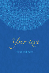 Vector ethnic boho blue pattern, mandala on a blue background. For invitations, greetings, cards, banners, brochures