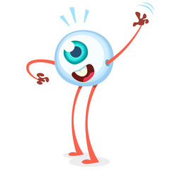 Happy cartoon eye monster waving. Helloween vector monster eye with hands and legs isolated 
