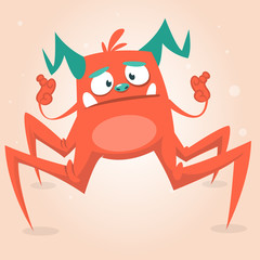 Cute cartoon monster spider. Halloween pink and horned monster character. Isolated on light background