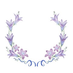 round frame with flowers, ribbons and bells. Watercolor painting. Hand drawing. Decorative element for greeting card, Invitation card.