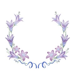 Fototapeta na wymiar round frame with flowers, ribbons and bells. Watercolor painting. Hand drawing. Decorative element for greeting card, Invitation card.