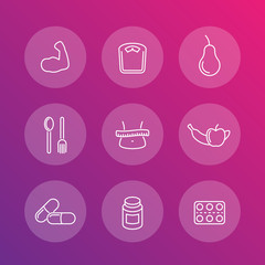 Diet, nutrition, dietary supplements transparent line icons