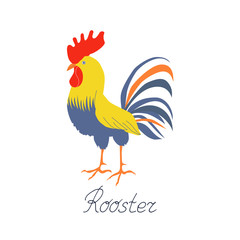 Bright cockerel on a white background. A lovely illustration of a rooster in flat style.