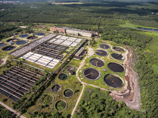 Aerial view at large sewage treatment plant for disposal of small volumes of industrial wastewater.