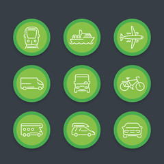 Transport line icons, car, van, bus, train, plane, ship, round icons set