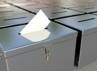 3D rendering metal ballot boxes and vote card.