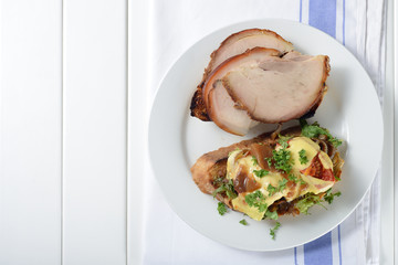 Top view of Pork sandwich as breakfast