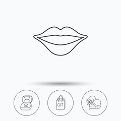 Gift box, lips kiss and wedding jewelry icons.
