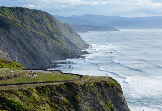 Summer ocean coastline view in Barrika town (Spain).