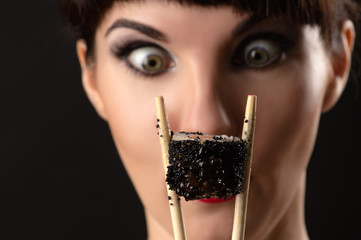 woman surprised looking on roll