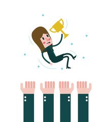 Celebration Business woman holding trophy. Worker woman success. vector