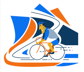 Cyclist riding a bike on road. flat character design. vector illustration